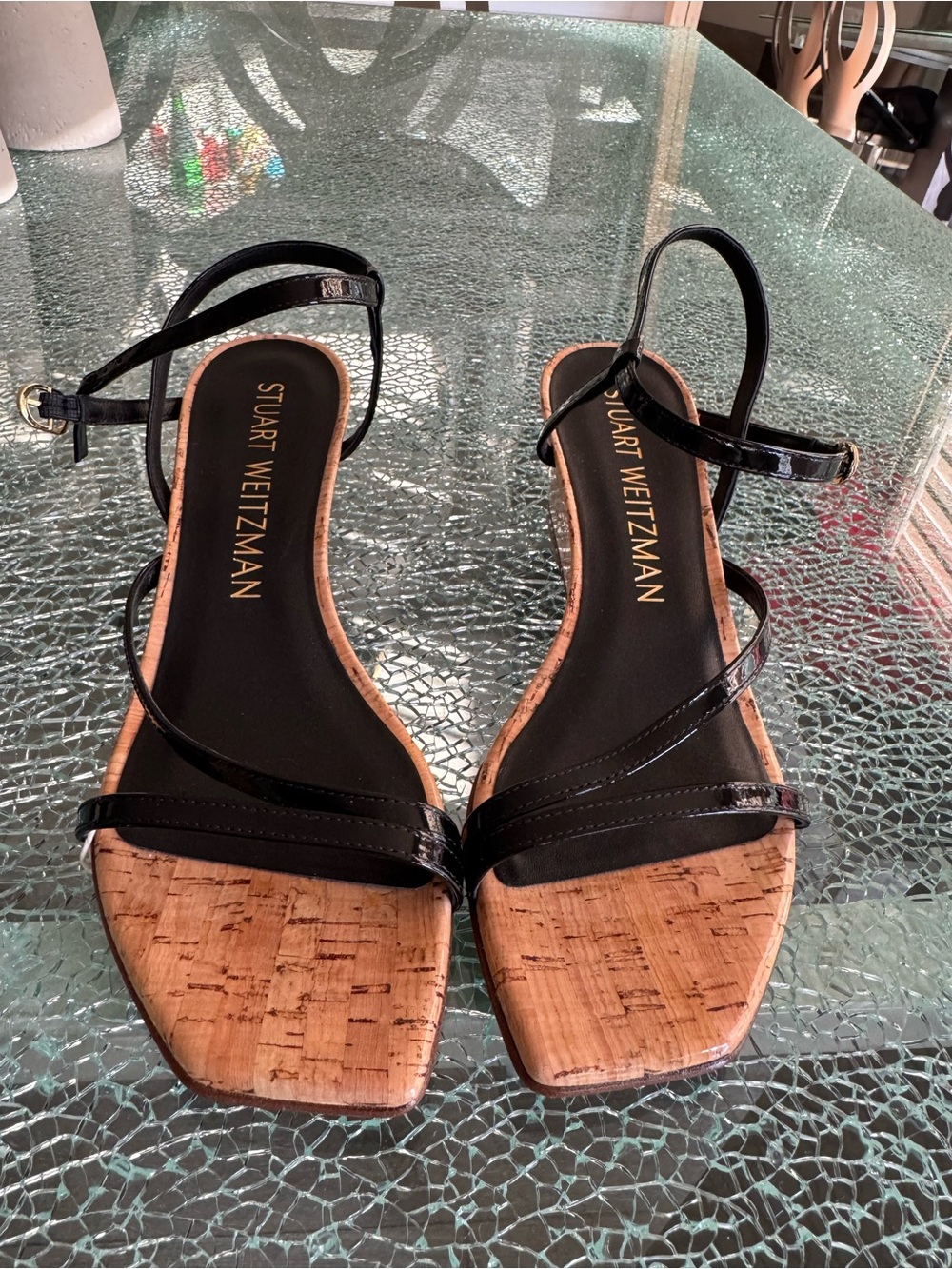 Stuart Weitzman Black Cork Strappy Sandals 9.5 B‎